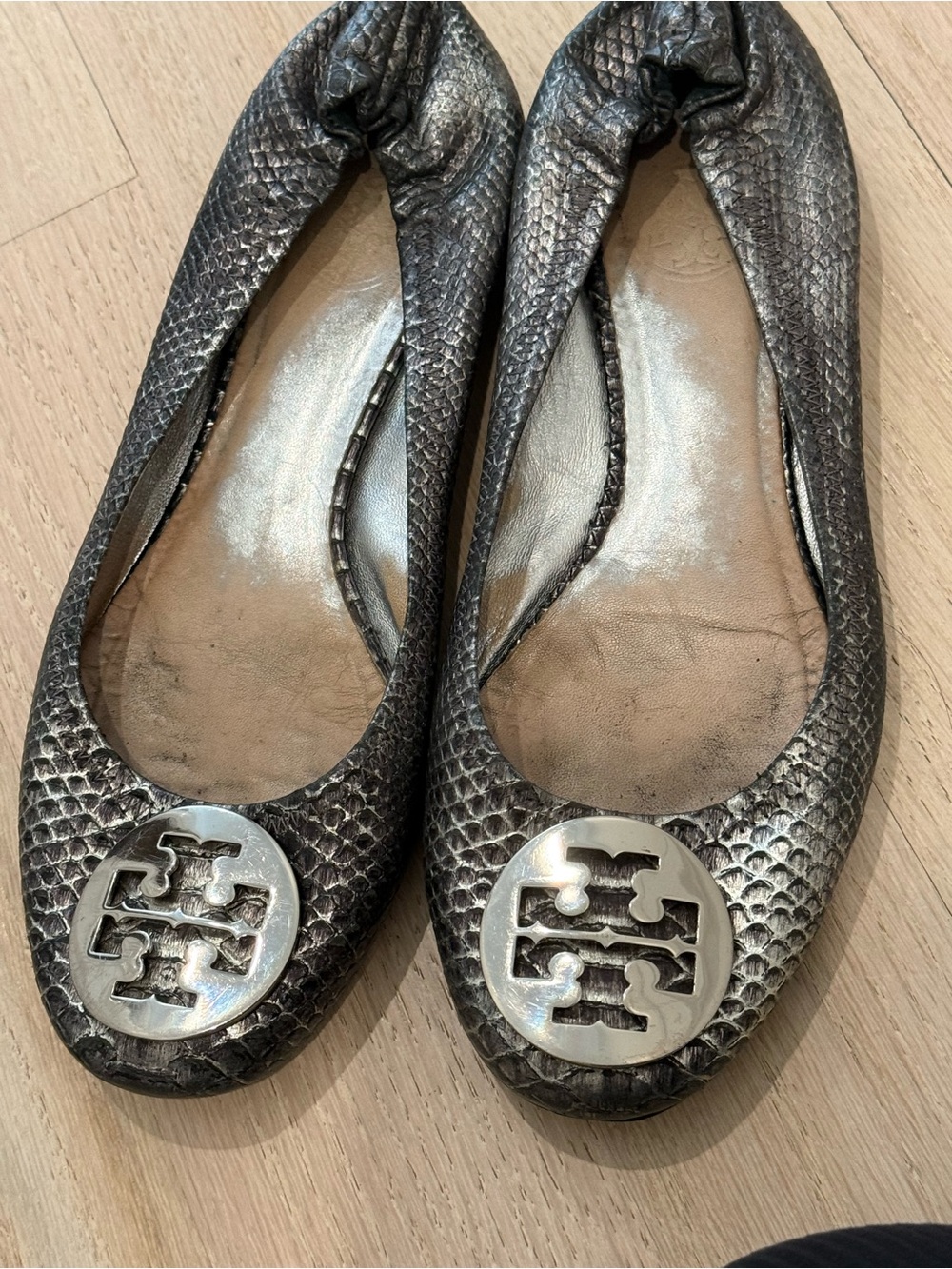 Tory Burch Pewter Textured Logo Ballet Flats